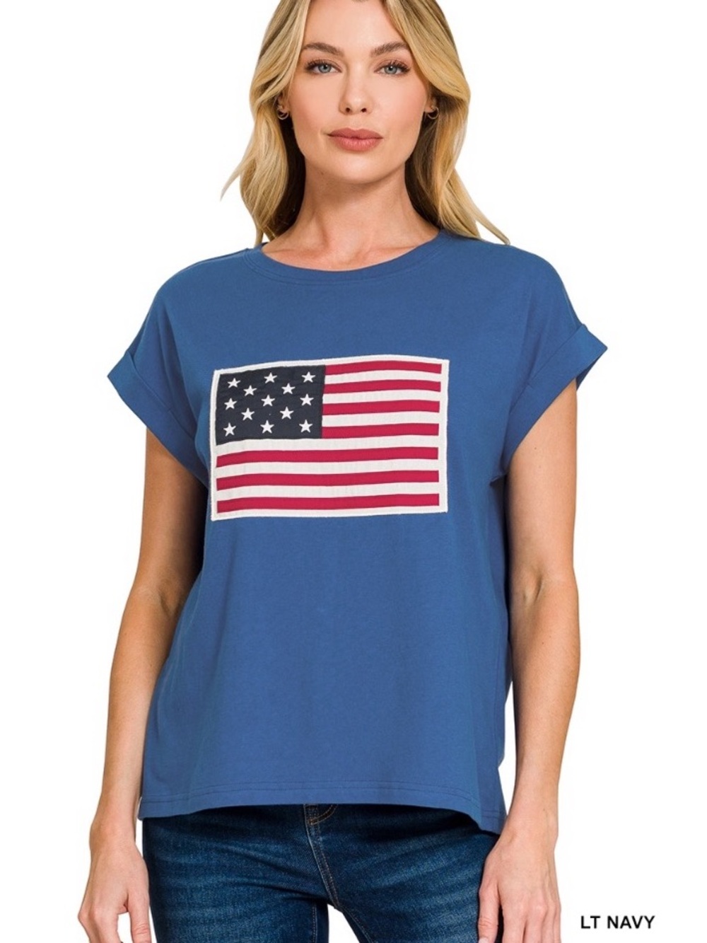 Zenana Outfitters Light Navy American Flag Graphic Tee Brand New